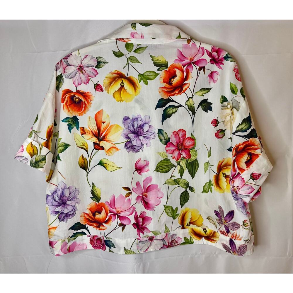 NWT Zara floral-print cropped boxy oversized short sleeves white shirt sz. XS - Picture 4 of 9